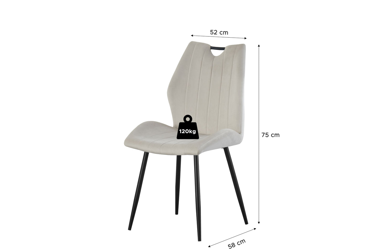 Cremefarbener Esszimmerstuhl mit 120 kg Traglast, Maße 52/75/58 cm, schwarze Beine