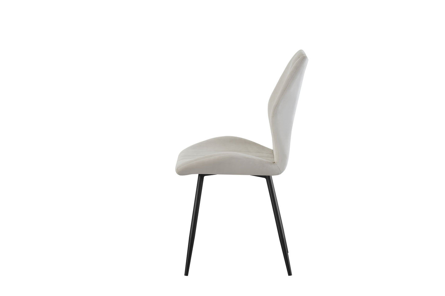 Polsterstuhl in Creme, seitliche Ansicht, geschwungene Rückenlehne, schwarze Metallbeine