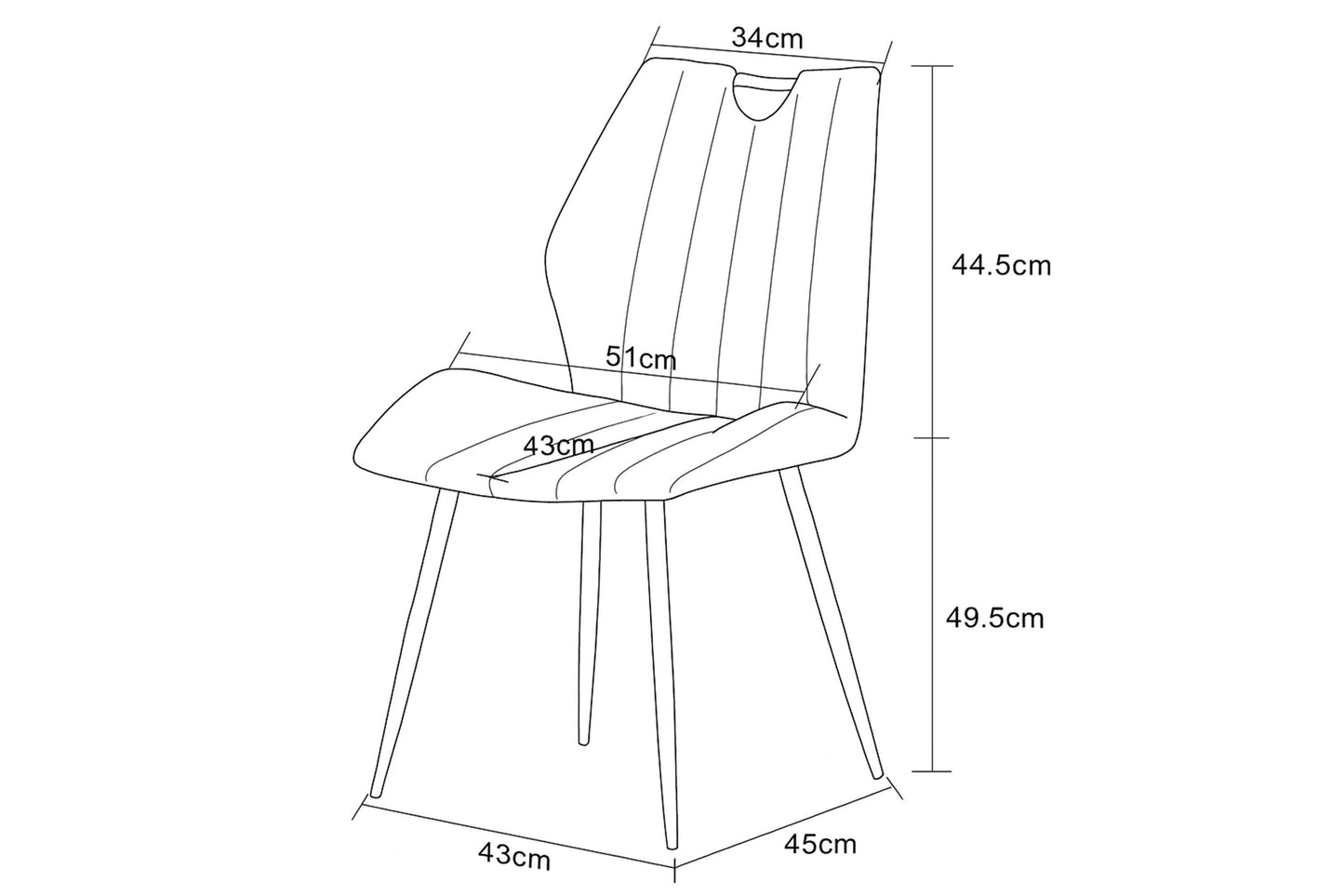 Maßzeichnung Esszimmerstuhl: Breite 43 cm, Höhe 44,5 cm, Tiefe 49,5 cm