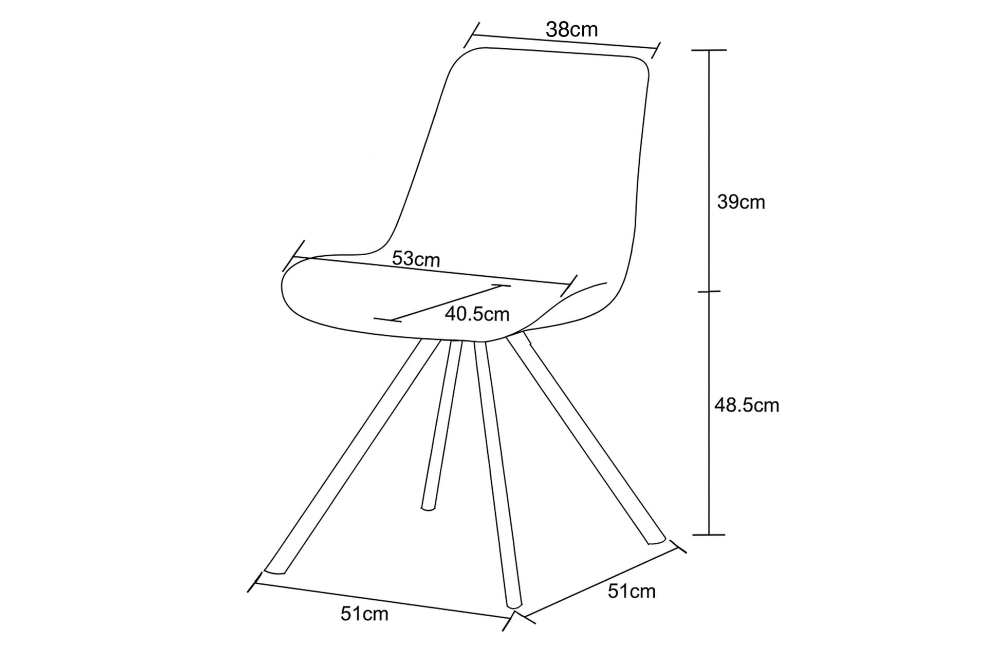 Maßskizze: Esszimmerstuhl, 38×48,5 cm, Höhe 39 cm, Sitzbreite 53 cm
