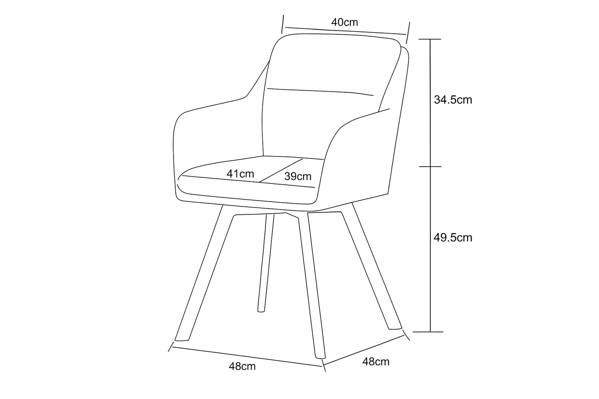 Stuhl-Skizze mit Maßen: Gesamtbreite 40 cm, Tiefe 48 cm, Höhe 49,5 cm