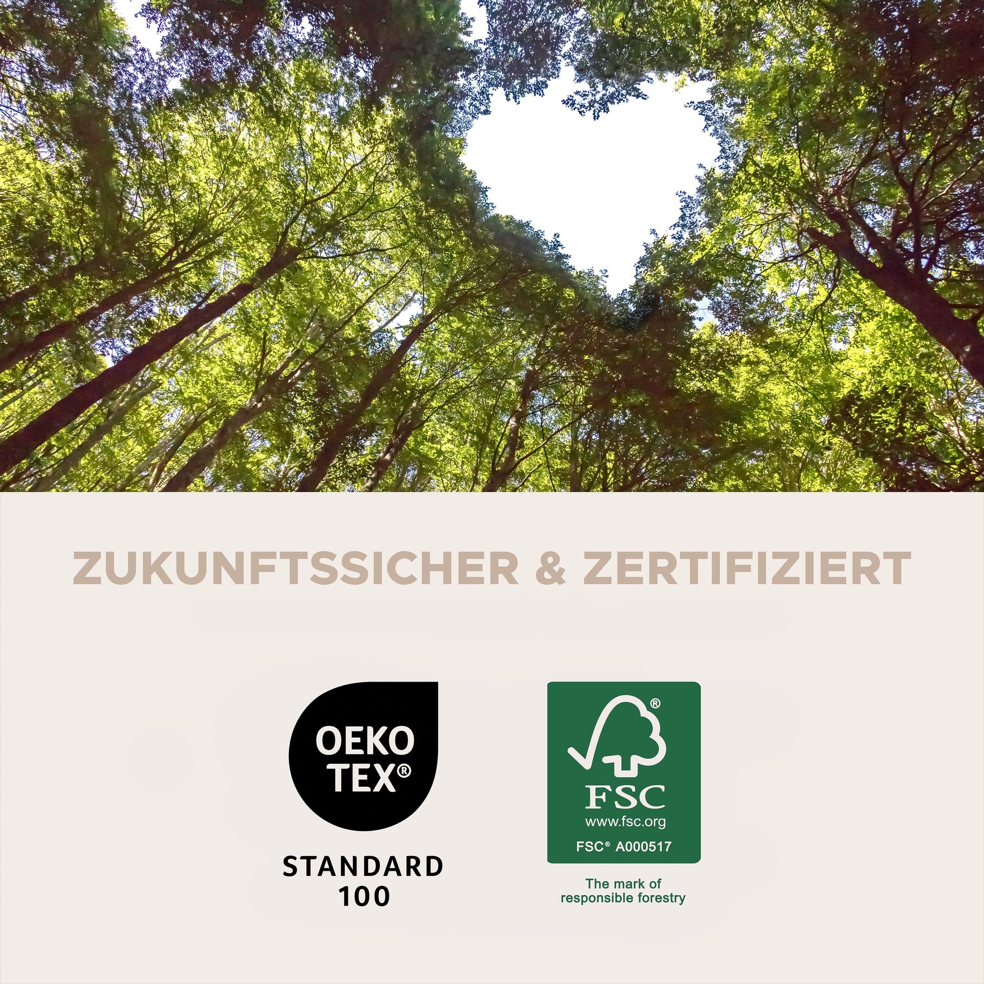 Zertifizierungshinweise mit OEKO‑TEX Standard 100 und FSC‑Logo auf Produktkarte