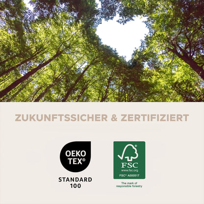 Zertifizierungshinweise mit OEKO‑TEX Standard 100 und FSC‑Logo auf Produktkarte