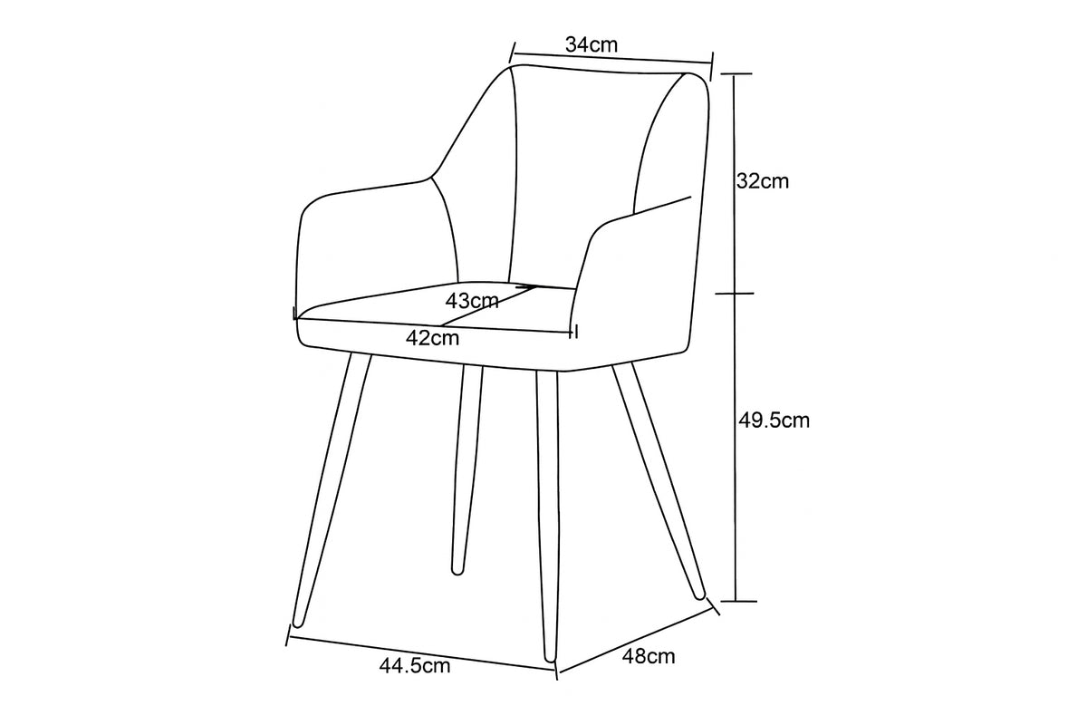 Maßskizze Esszimmerstuhl: Rücken 32 cm hoch, Sitz 42 cm breit, Gesamt 49,5 cm