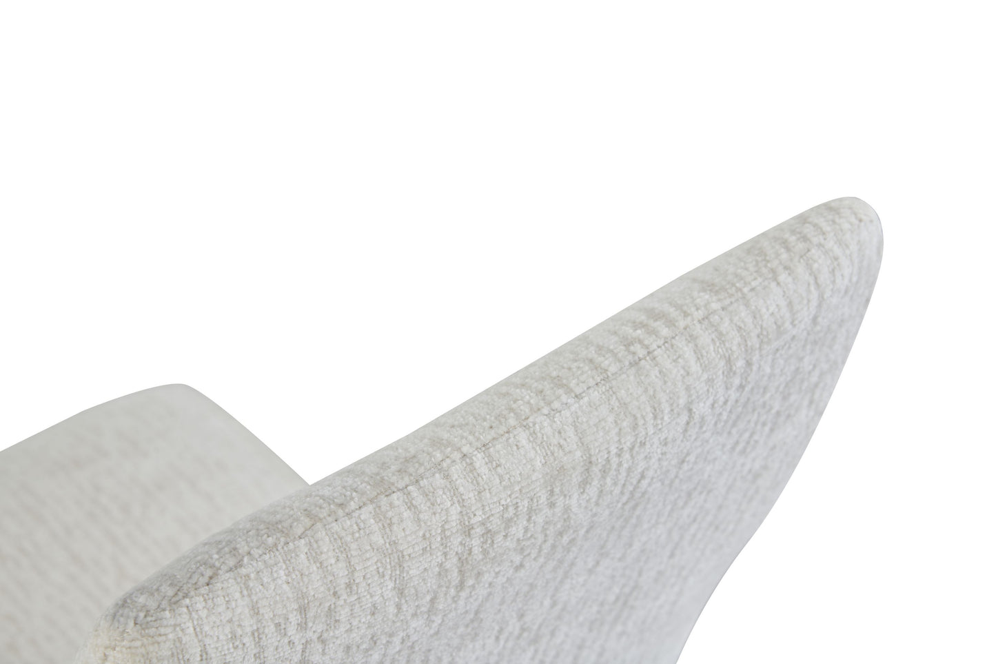 Nahaufnahme Stoffbezug in Creme mit feiner Textur, gepolsterte Kante der Rückenlehne