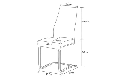 Stuhl-Seitenansicht mit Maßen: Sitz 45 cm, Höhe 50 cm, Breite 43–51 cm