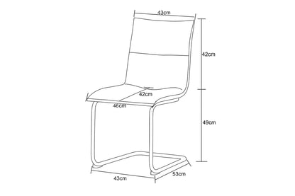 Maßzeichnung Schwingstuhl: Breite 43 cm, Sitz 46 cm, Höhe 49 cm, Tiefe 53 cm