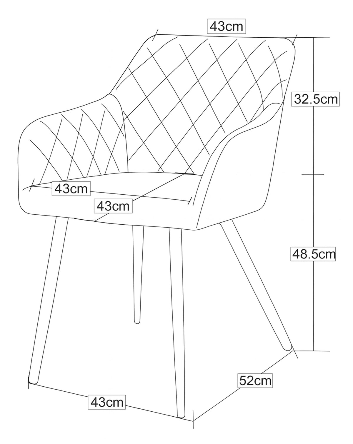 Maßzeichnung des gepolsterten Esszimmerstuhls mit Armlehnen: 56 cm breit, 83 cm hoch