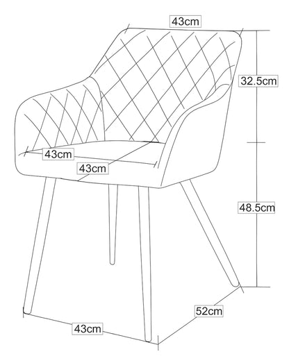 Maßzeichnung des gepolsterten Esszimmerstuhls mit Armlehnen: 56 cm breit, 83 cm hoch