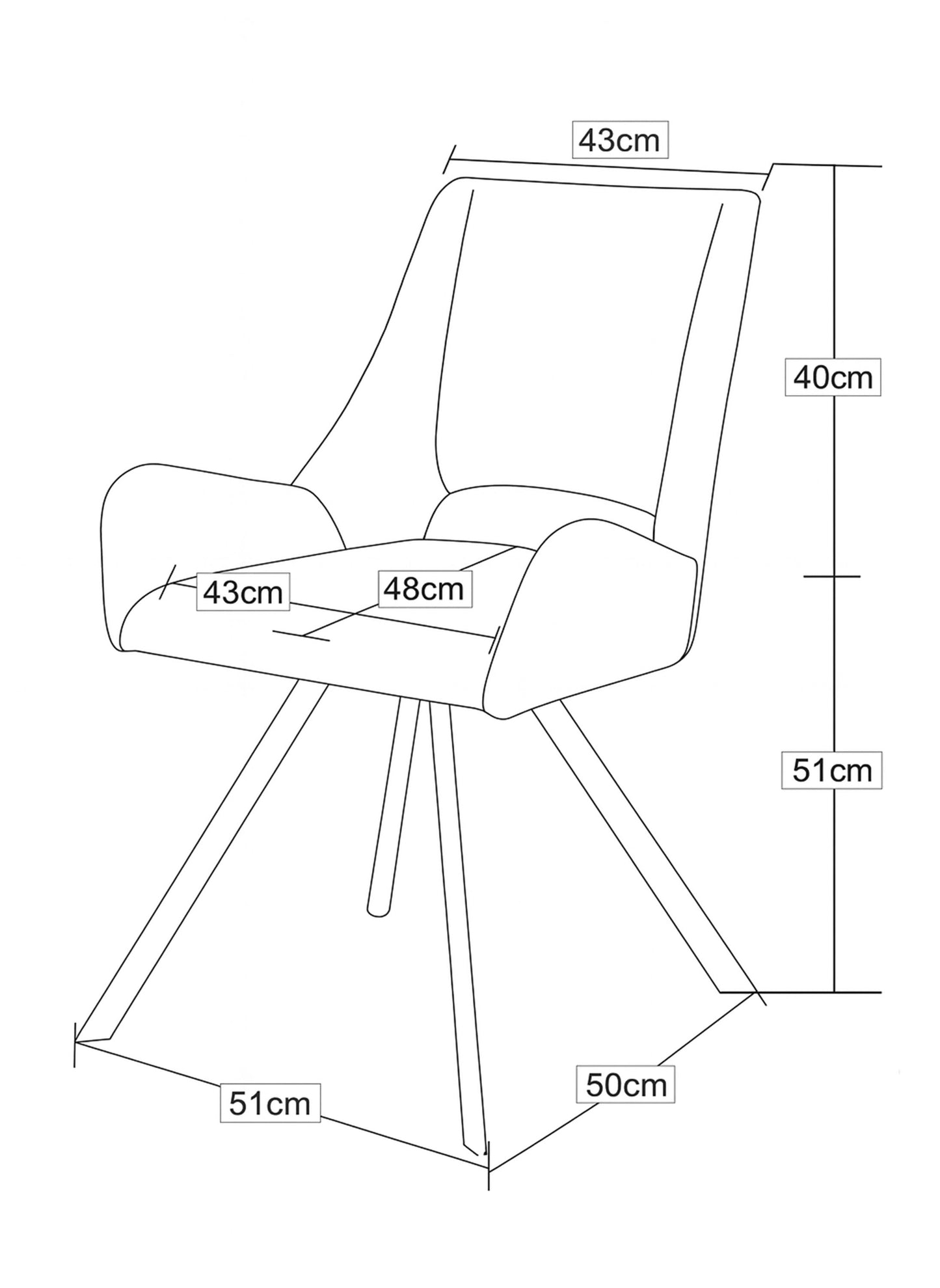 Maßskizze Schwingstuhl: Sitz- und Standmaße in cm