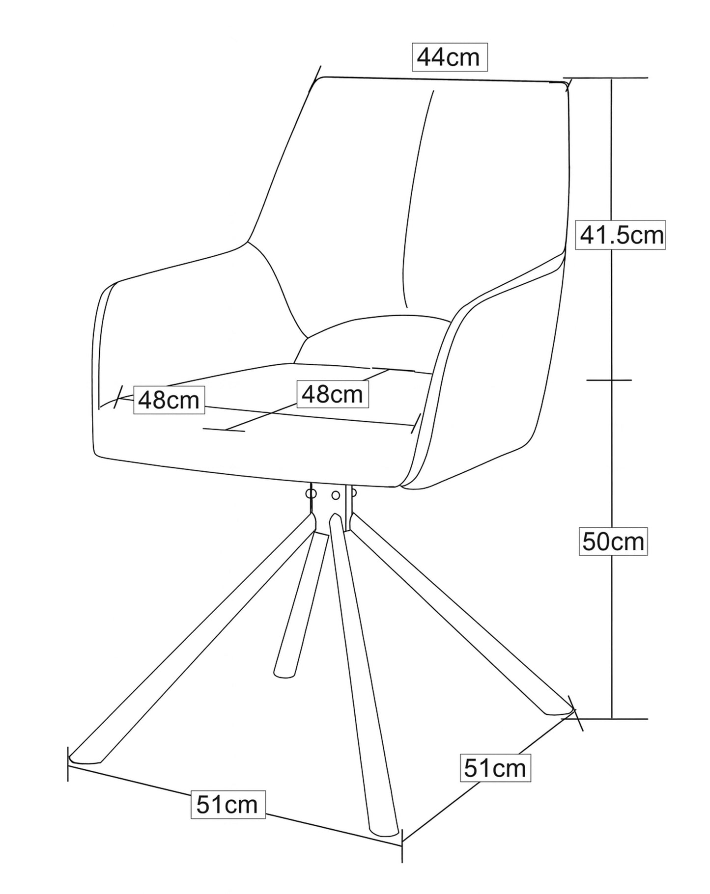 Armlehnen-Drehstuhl, Maßskizze mit Breite des Sitzes und Höhe