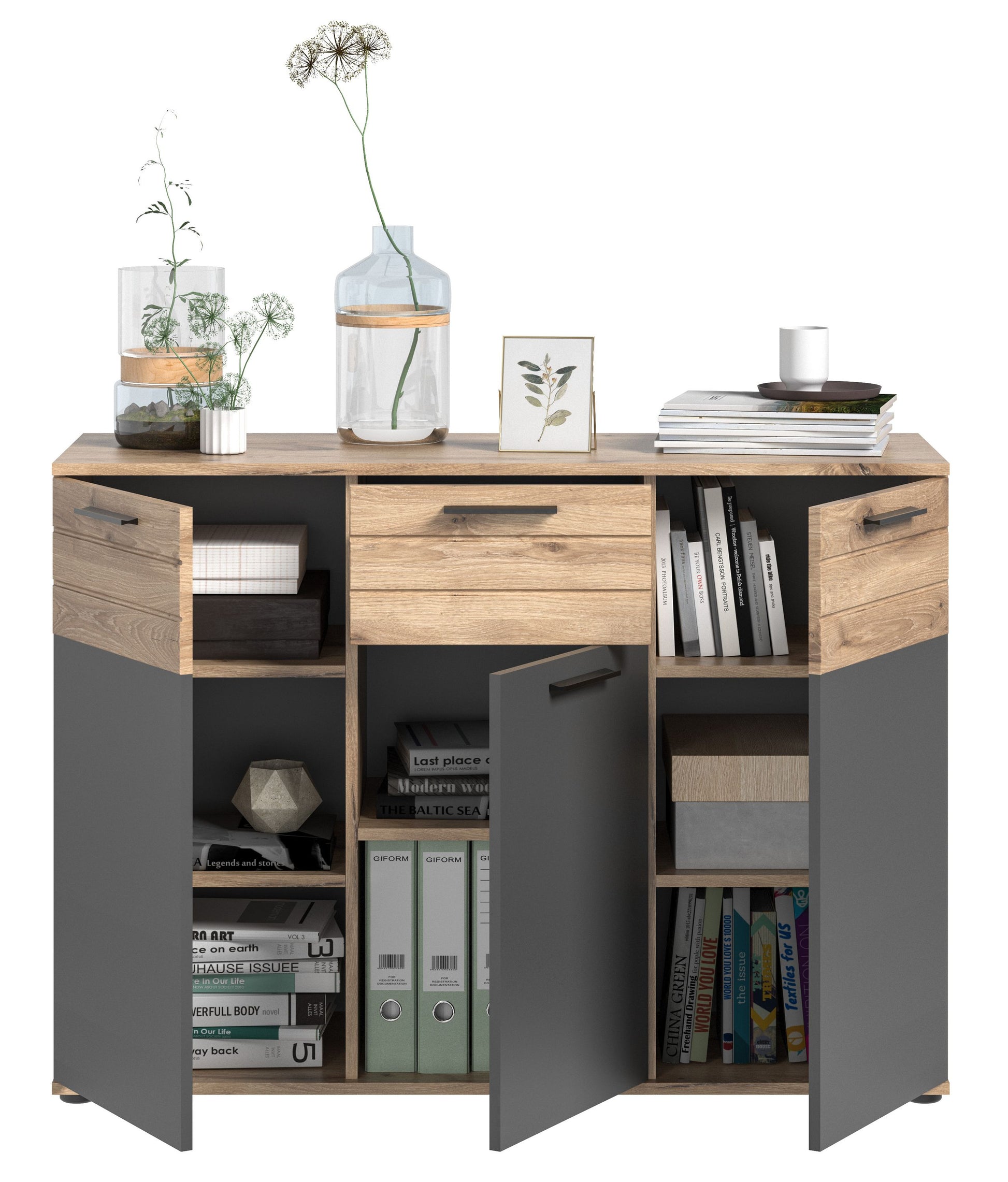 Sideboard mit offenen Fächern, 2 Türen und Schublade, Eichenoptik, grau