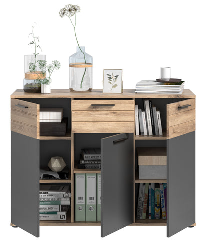 Sideboard mit offenen Fächern, 2 Türen und Schublade, Eichenoptik, grau