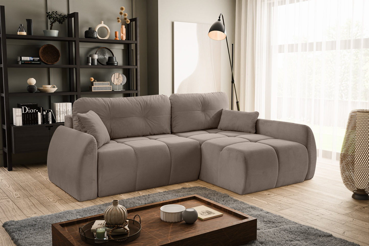 Canapé convertible d'angle Sancho Long – Canapé d'angle tendance en velours côtelé avec fonction couchage