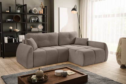 Canapé convertible d'angle Sancho Long – Canapé d'angle tendance en velours côtelé avec fonction couchage