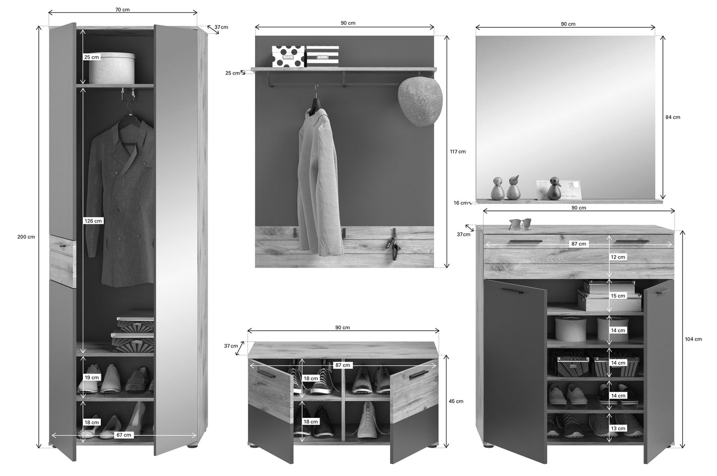 Garderoben-Set im Detail: Schrank, Garderobenwand mit Spiegel, Schuhbank und Maße