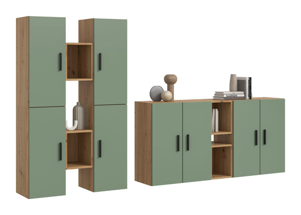 Meuble TV mural THE ONE (l/h/p : env. 270/182/34 cm) en imitation Chêne Artisan/Vert Fumé