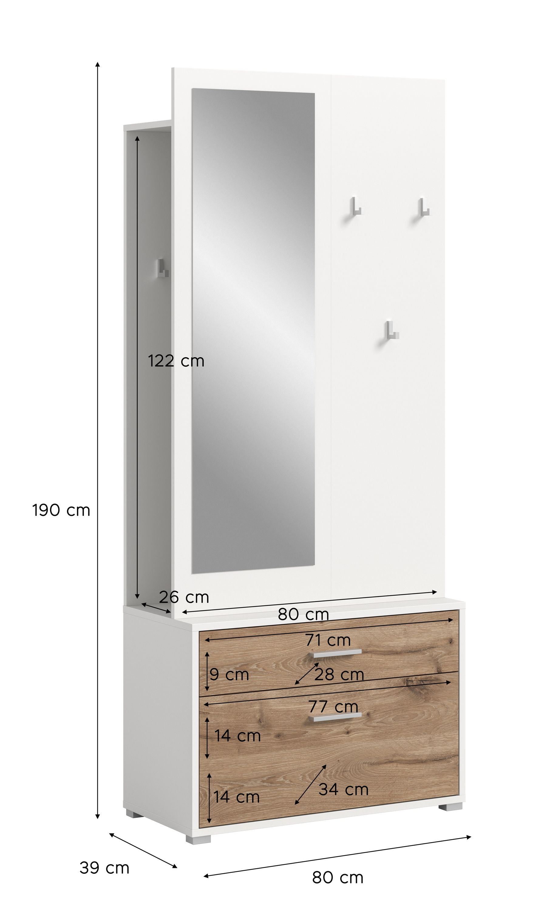 Maßskizze einer Garderobe mit Spiegel, Haken und zwei Schubladen