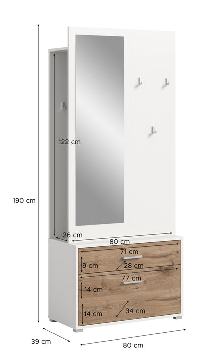 Maßskizze einer Garderobe mit Spiegel, Haken und zwei Schubladen