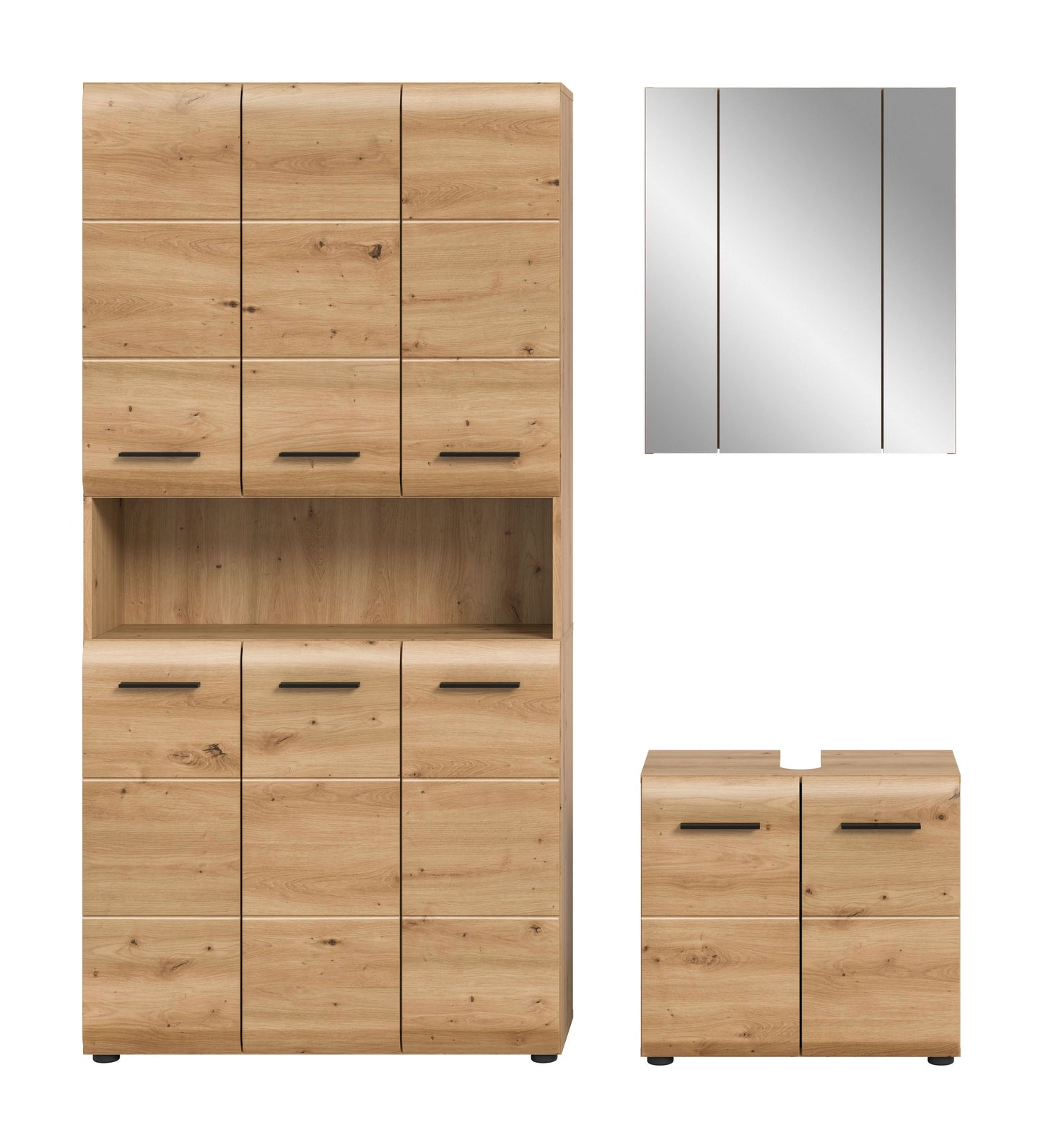 Badmöbel-Set in Eicheoptik: Hochschrank und Unterschrank mit Schubladen, Spiegelschrank