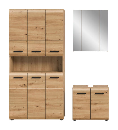 Badmöbel-Set in Eicheoptik: Hochschrank und Unterschrank mit Schubladen, Spiegelschrank