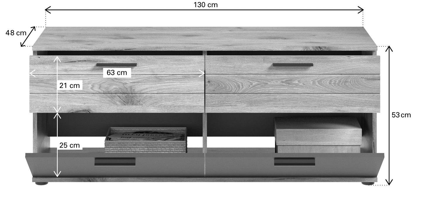 Meuble TV MASON (L/H/P : env. 130/53/47 cm) aspect chêne Nox/gris basalte