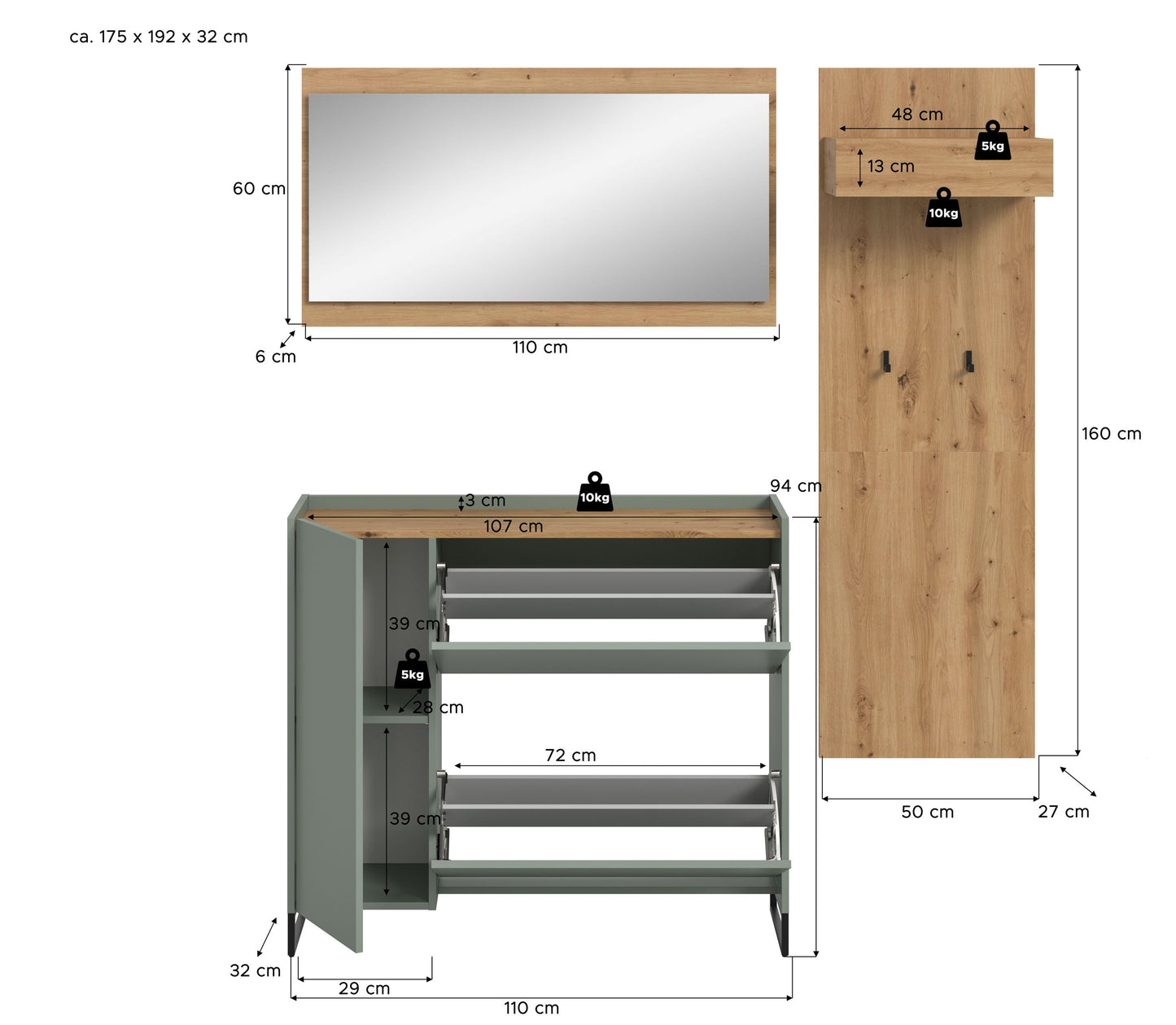 Ensemble de meubles d'entrée DRIVE (L/H/P : env. 175/192/32 cm) en sauge/sauge