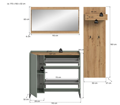 Ensemble de meubles d'entrée DRIVE (L/H/P : env. 175/192/32 cm) en sauge/sauge