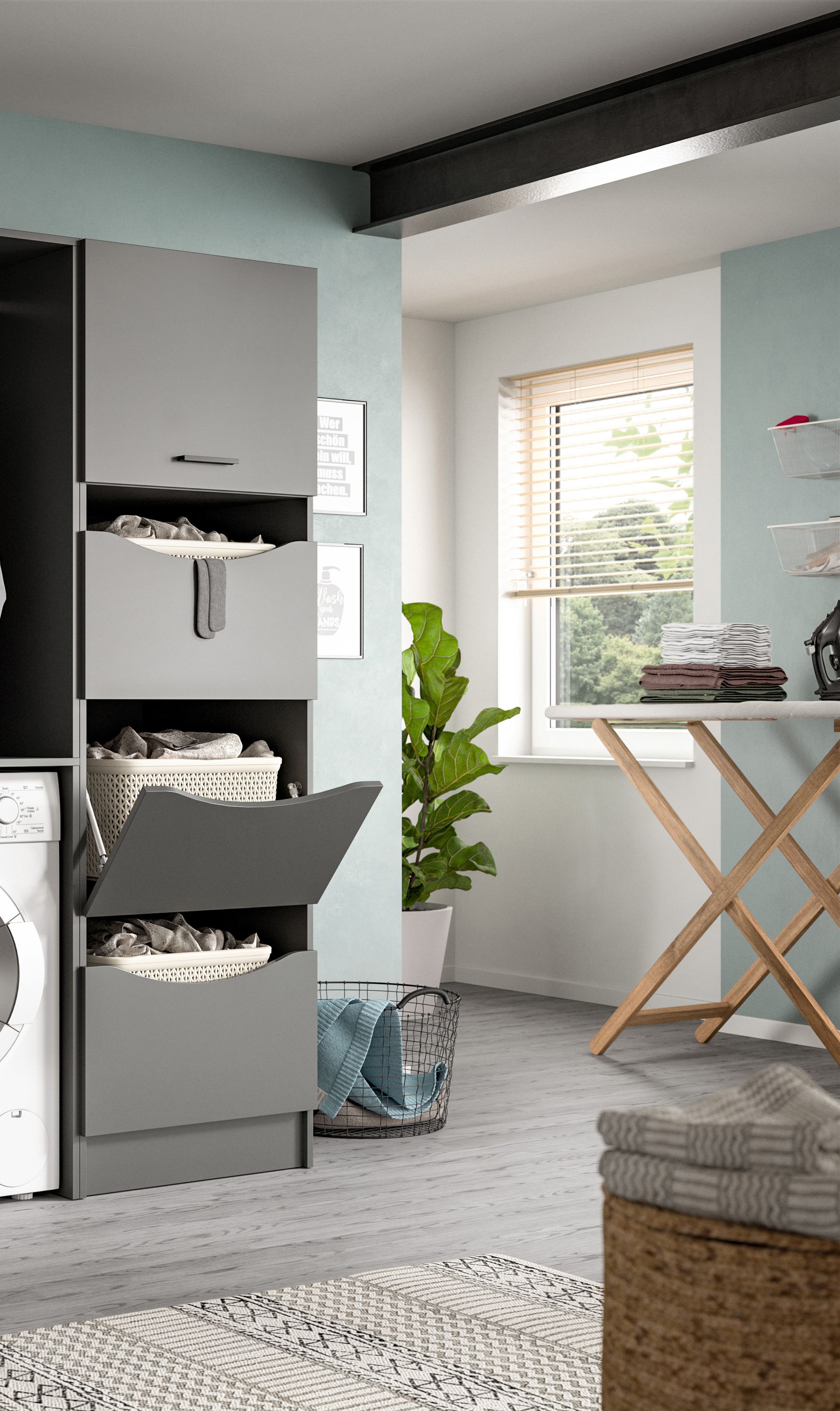 Wäscheschrank mit offenen Klappenfächern und Wäscheeinsätzen, weiß/grau