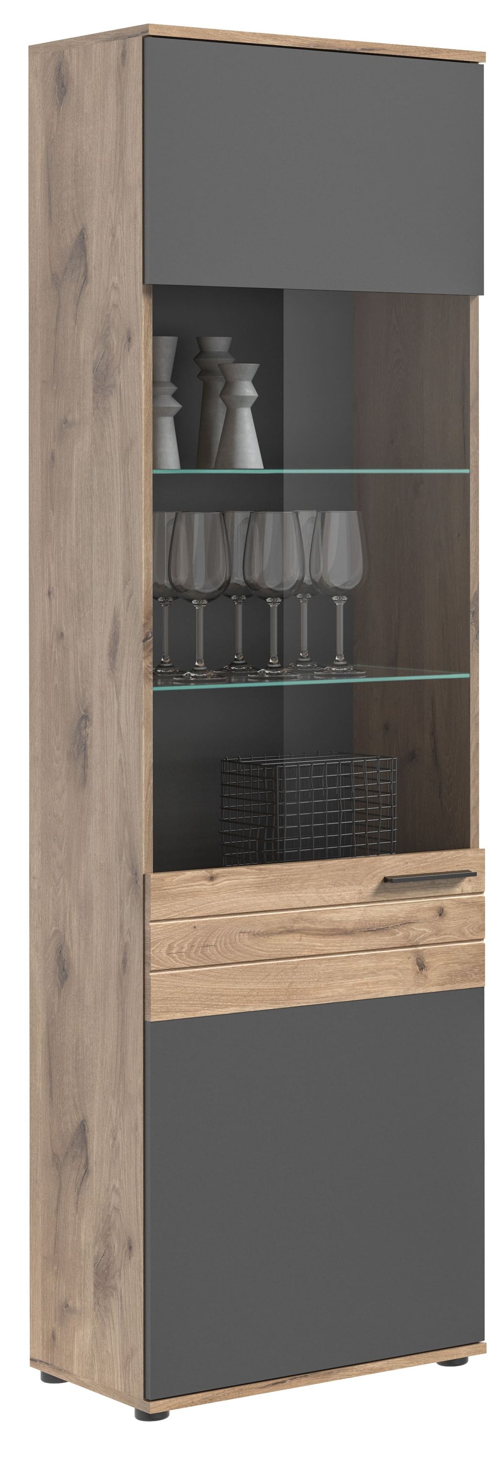 Vitrine MASON (L/H/P : env. 57/200/37 cm) en imitation Chêne Nox/gris Basalte