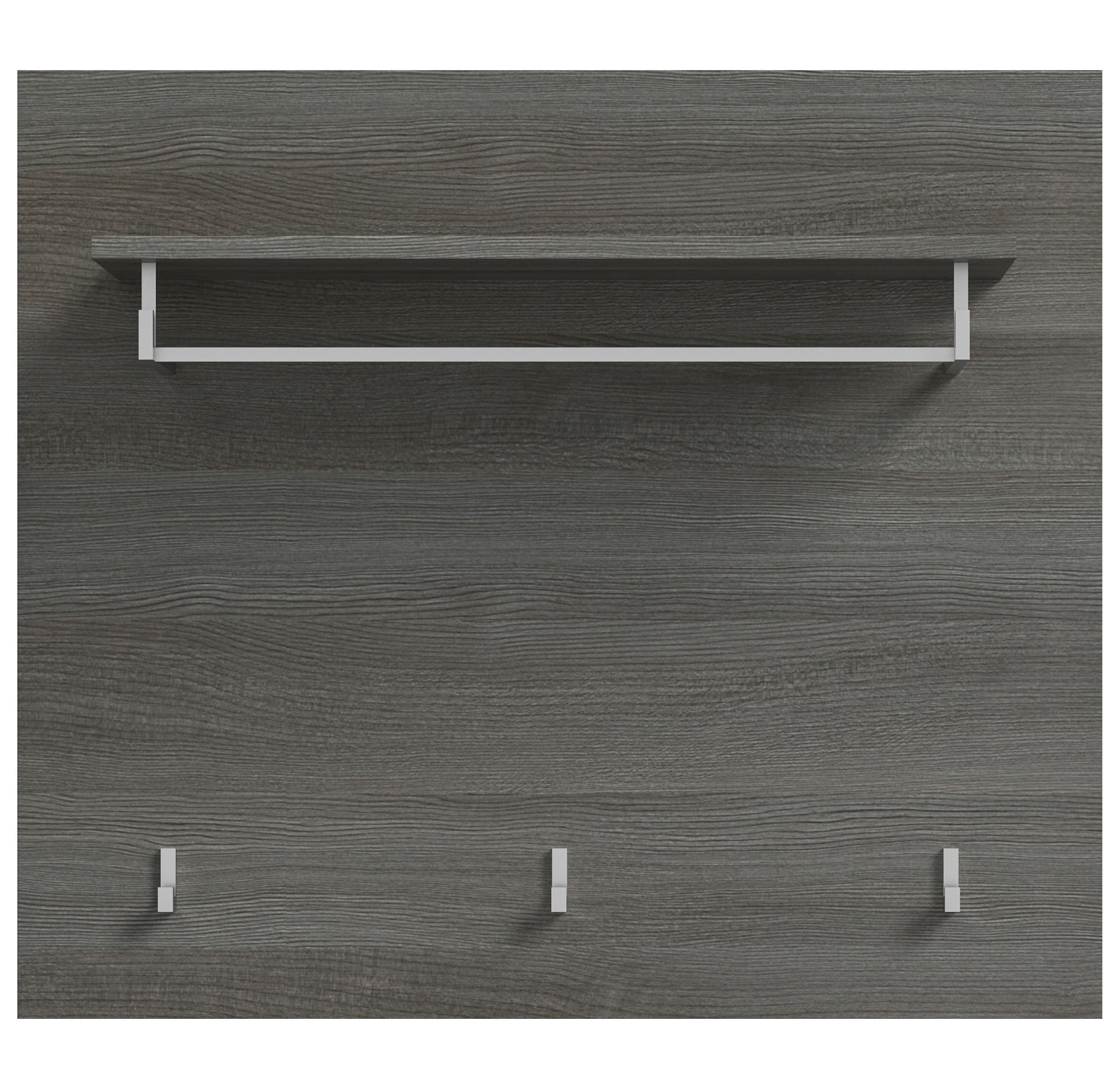 Garderobenpaneel mit Hutablage und 3 silbernen Metallhaken, dunkelgraue Holzoptik