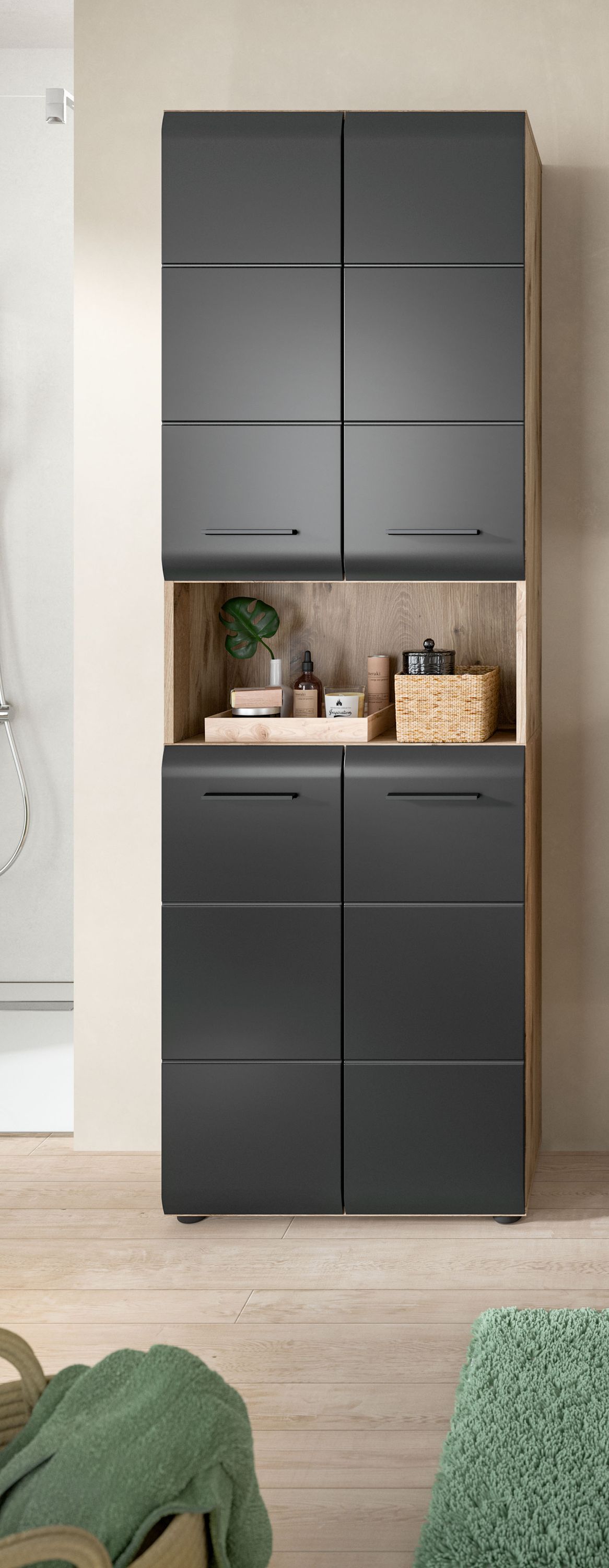 Badezimmerhochschrank in Anthrazit mit Holzfachboden, zwei Türen und Schubladen