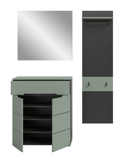 Ensemble de vestiaire CANU (L/H/P : env. 140/190/37 cm) en gris basalte/vert fumée