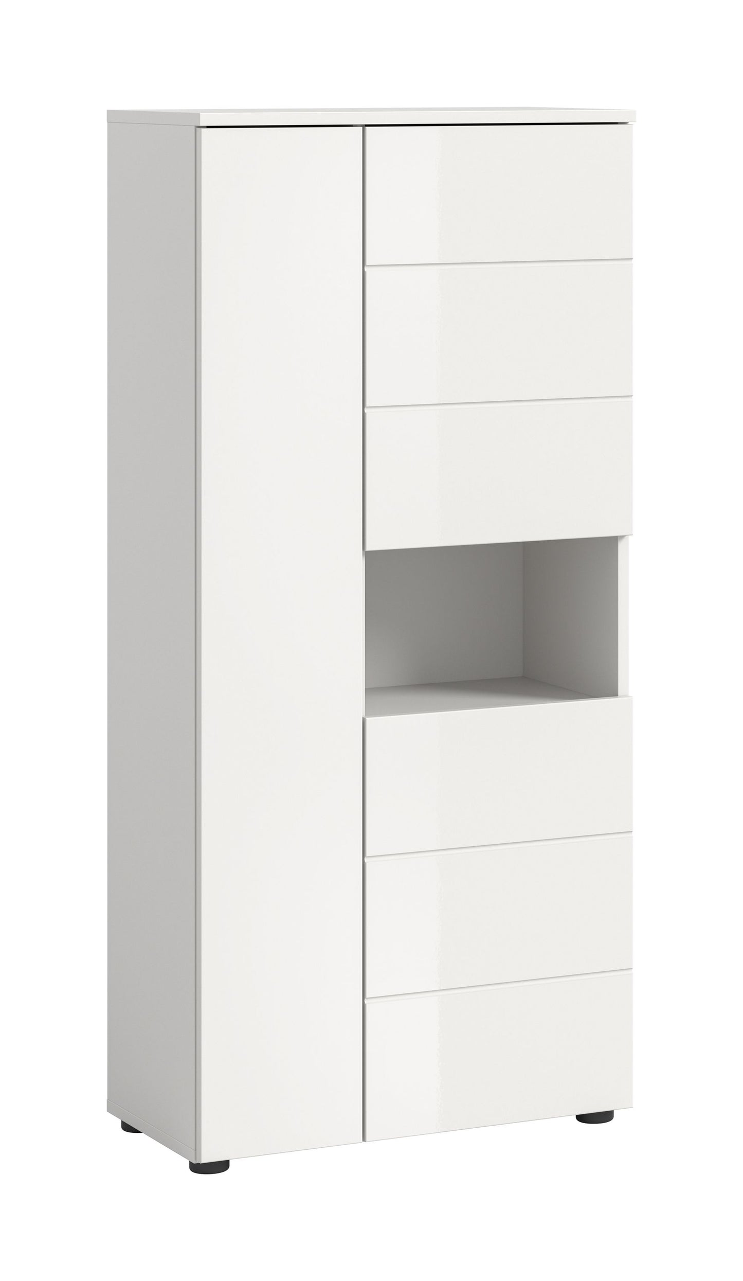 Badhochschrank in Weiß mit Hochglanzfront und mehreren Schubladen, 60 cm breit