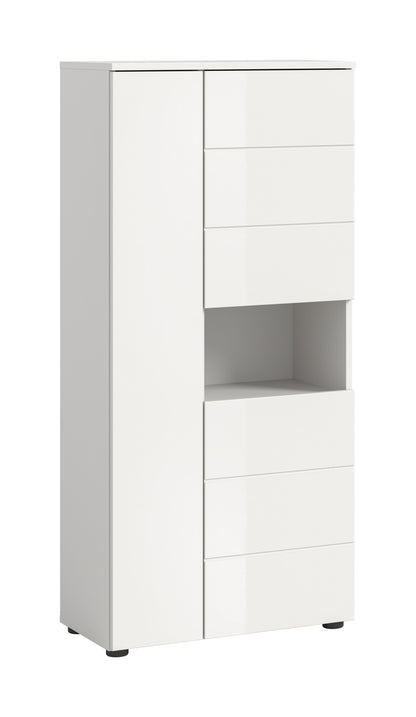 Badhochschrank in Weiß mit Hochglanzfront und mehreren Schubladen, 60 cm breit