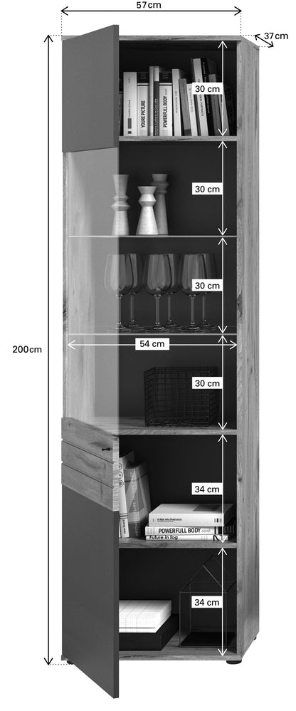 Schmale Vitrine mit Regalfächern, Tür und Glasfront, Holzoptik und Anthrazit