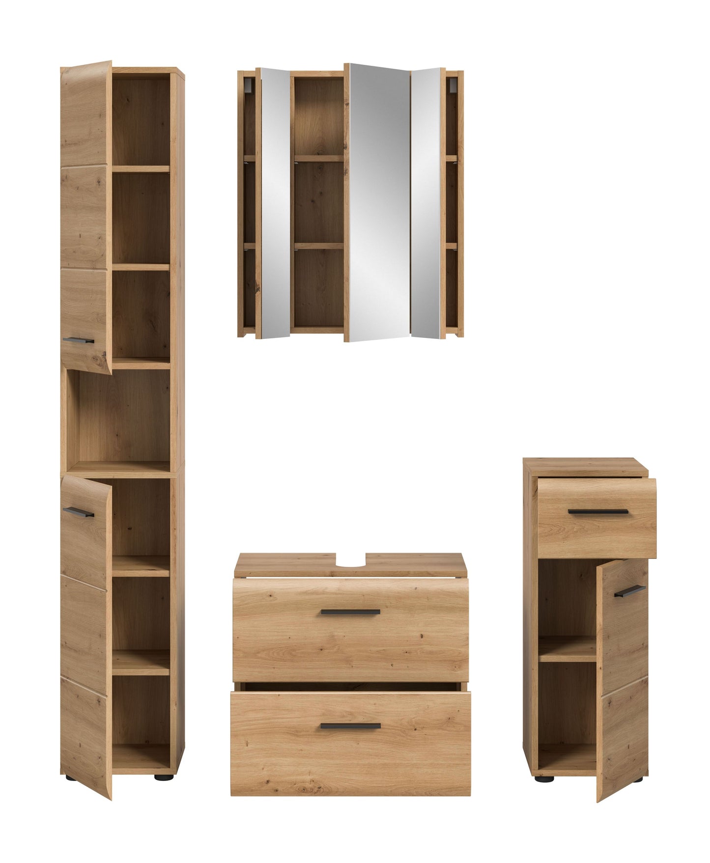 Badmöbel-Set 4-tlg. in Holzoptik mit geöffneten Türen: Spiegelschrank, Hochschrank, Stauraum