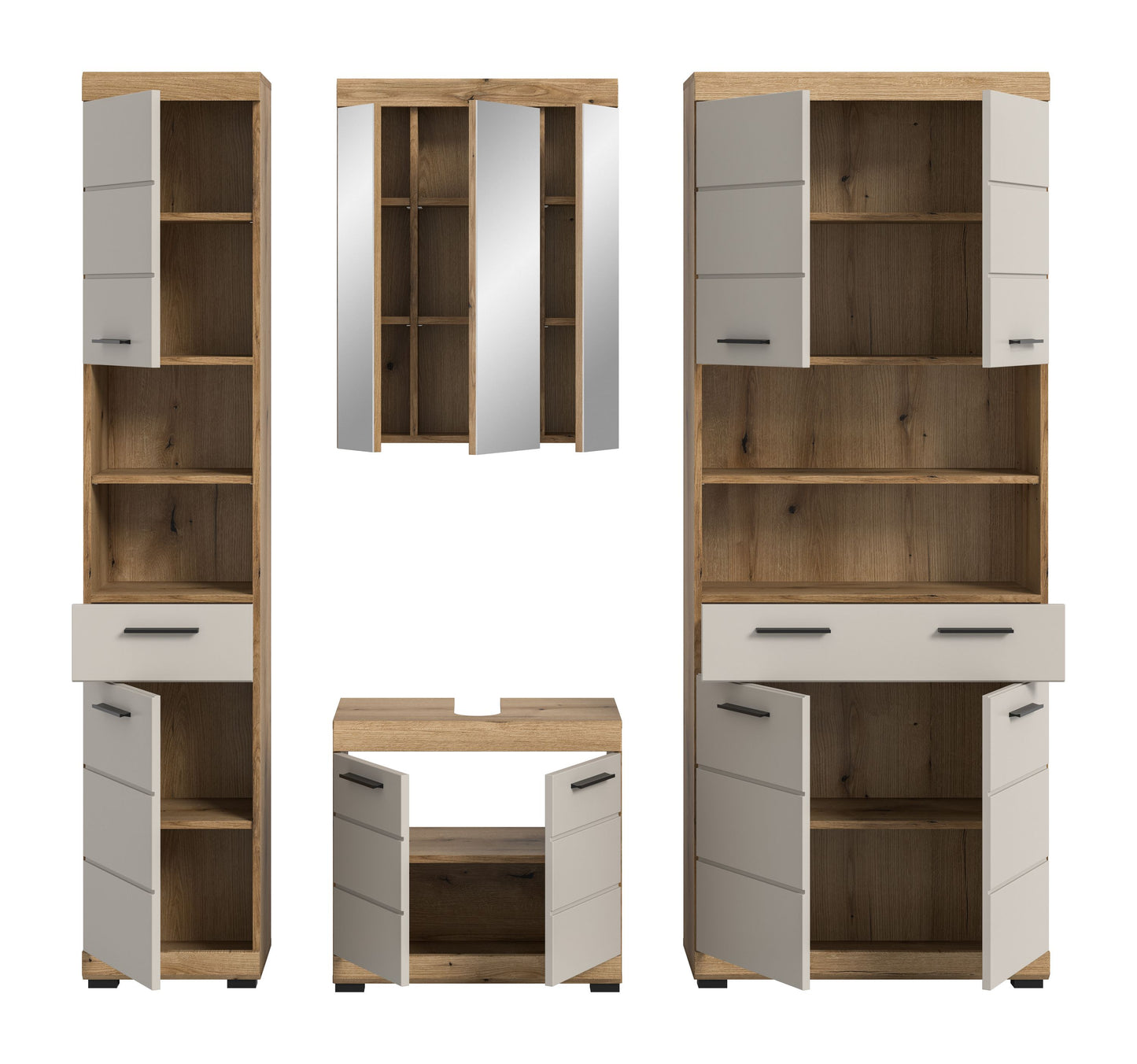 Badezimmerset 4-tlg. mit offenem Stauraum in Hochschrank und Spiegelschrank, Eiche hell/weiß