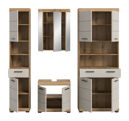 Badezimmerset 4-tlg. mit offenem Stauraum in Hochschrank und Spiegelschrank, Eiche hell/weiß