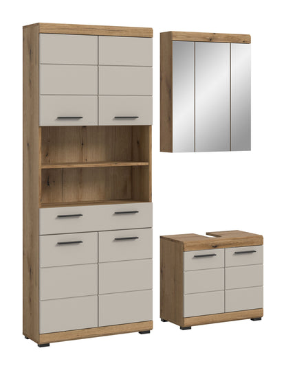 Badezimmerset 3-teilig mit Spiegelschrank und Hochschrank mit Fächern