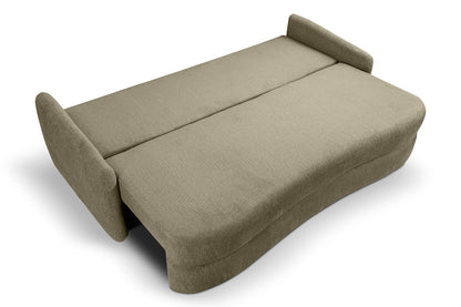 Schlafsofa mit ausgerollter Liegefläche, olivgrünem Bezug und hohen Kopfkissen