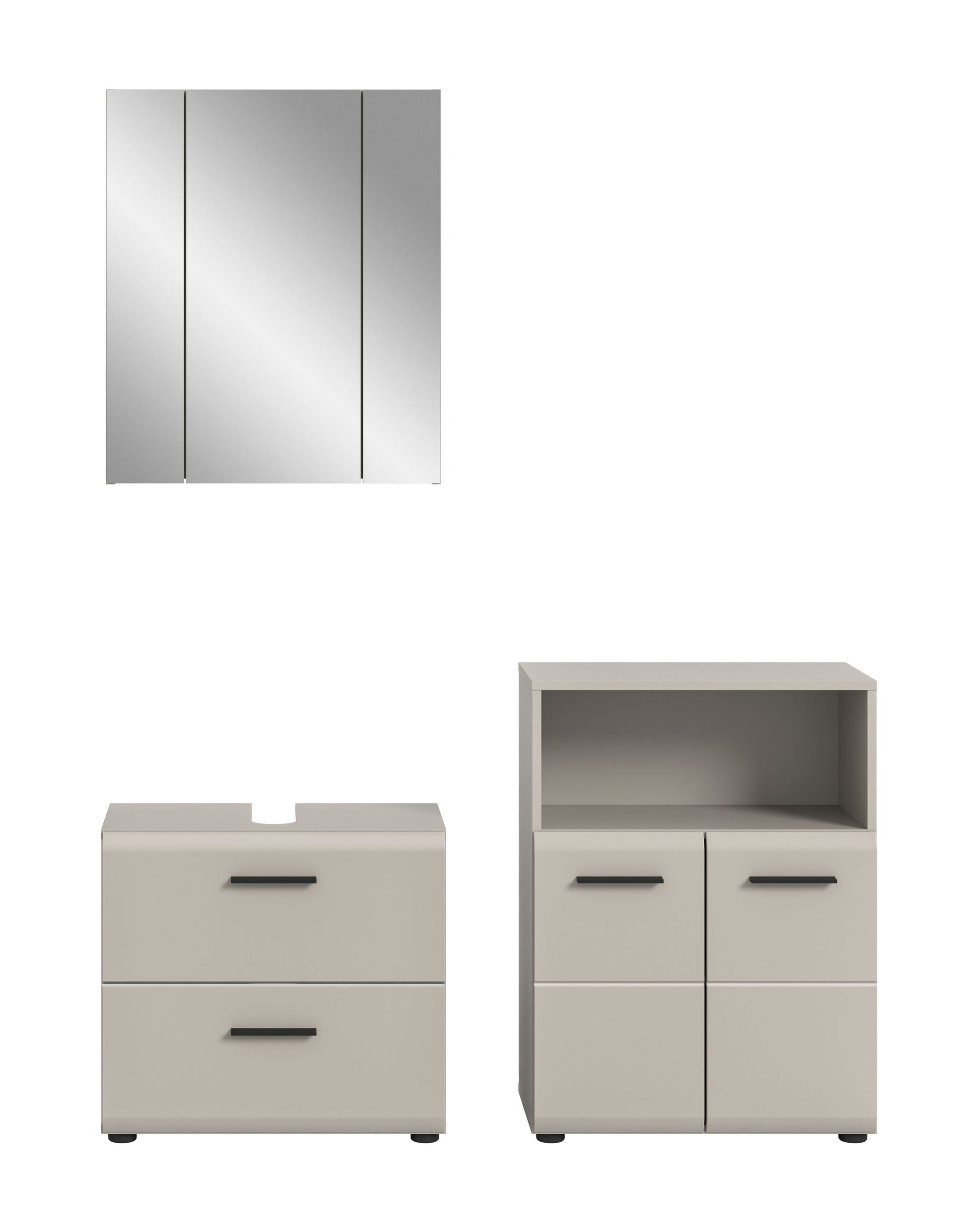 Badmöbel-Set in hellem Grau mit Spiegelschrank, Kommode und Hochschrank