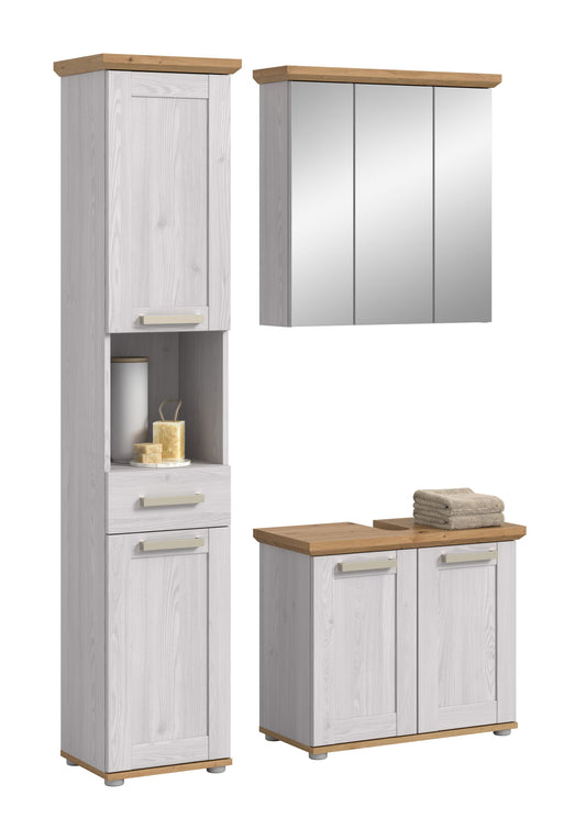 Badmöbelset 3-tlg. mit hoher Säule, Waschschrank und Spiegelschrank, weiß mit Eichedekor