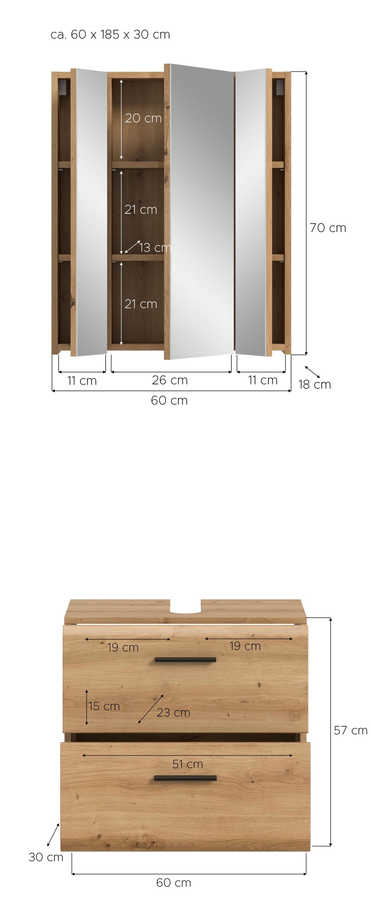 Homes & Jones Badmöbelset 2-tlg., Schrank 60 cm rollbar, Badspiegelschrank 3-trg