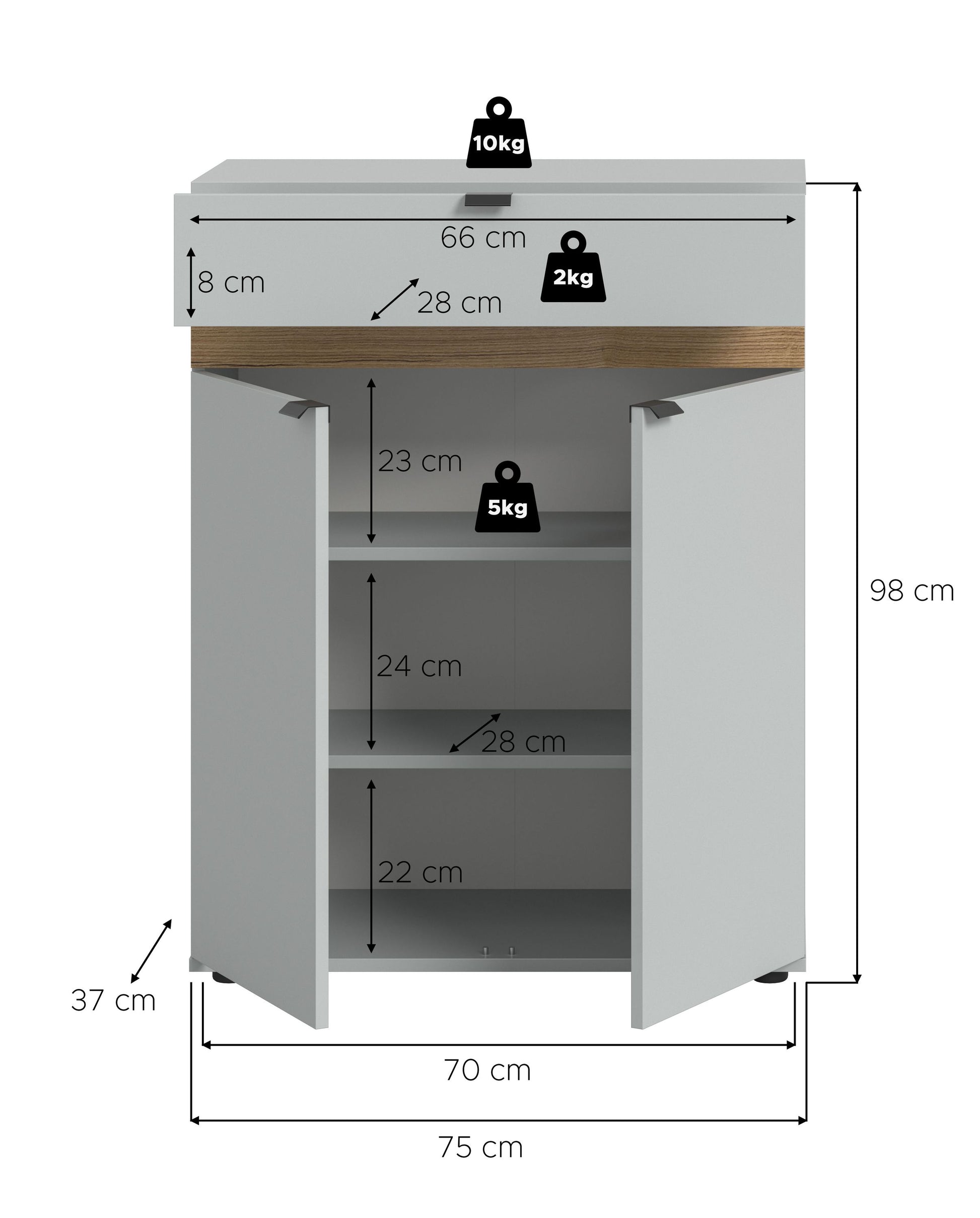 Schuhschrank Maße 75×70×98 cm, hellgrau, Eichenholzleiste, 2 Türen