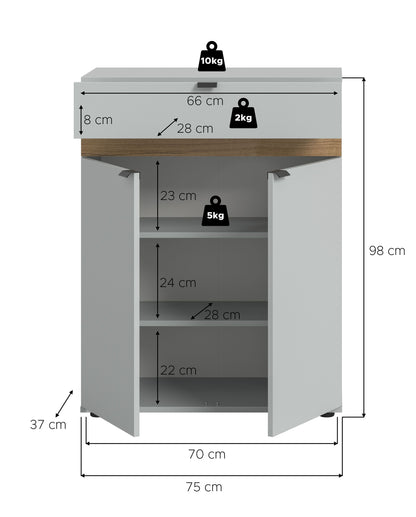 Schuhschrank Maße 75×70×98 cm, hellgrau, Eichenholzleiste, 2 Türen