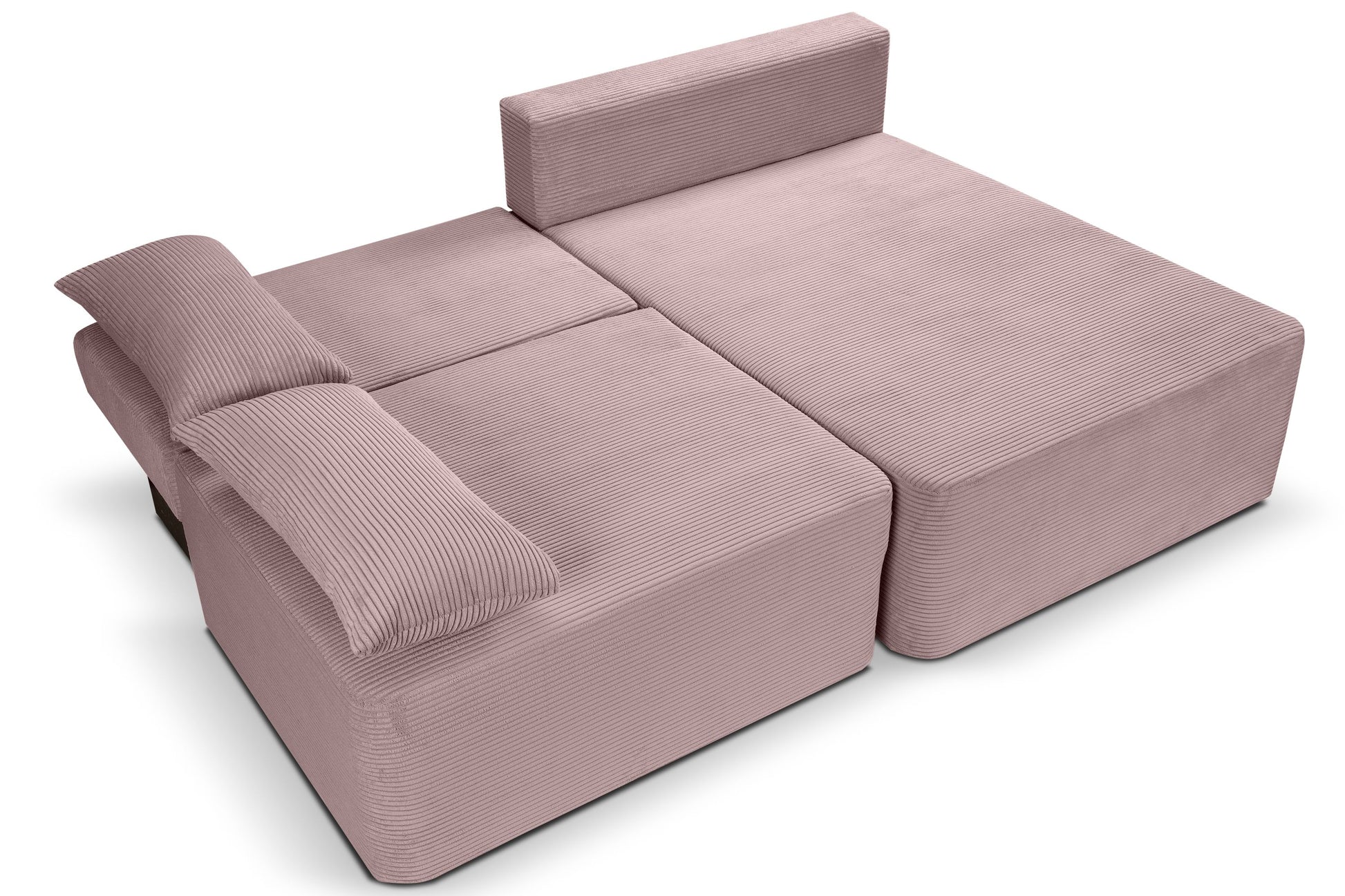 Schlafsofa in Altrosa mit Cordstruktur, ausgeklappte Liegefläche und seitliches Kissen