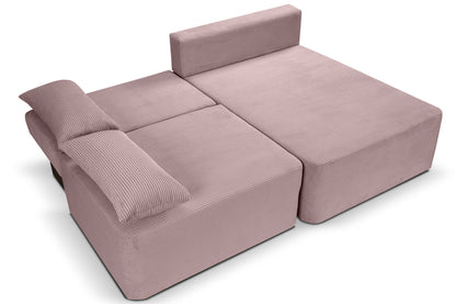 Schlafsofa in Altrosa mit Cordstruktur, ausgeklappte Liegefläche und seitliches Kissen
