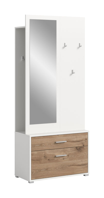 Weiße Garderobe mit Spiegel und Haken über zwei Schubladen