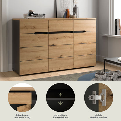 Kommode in Holzoptik mit verstellbaren Einlegeböden, Schubkästen und stabilen Materialien